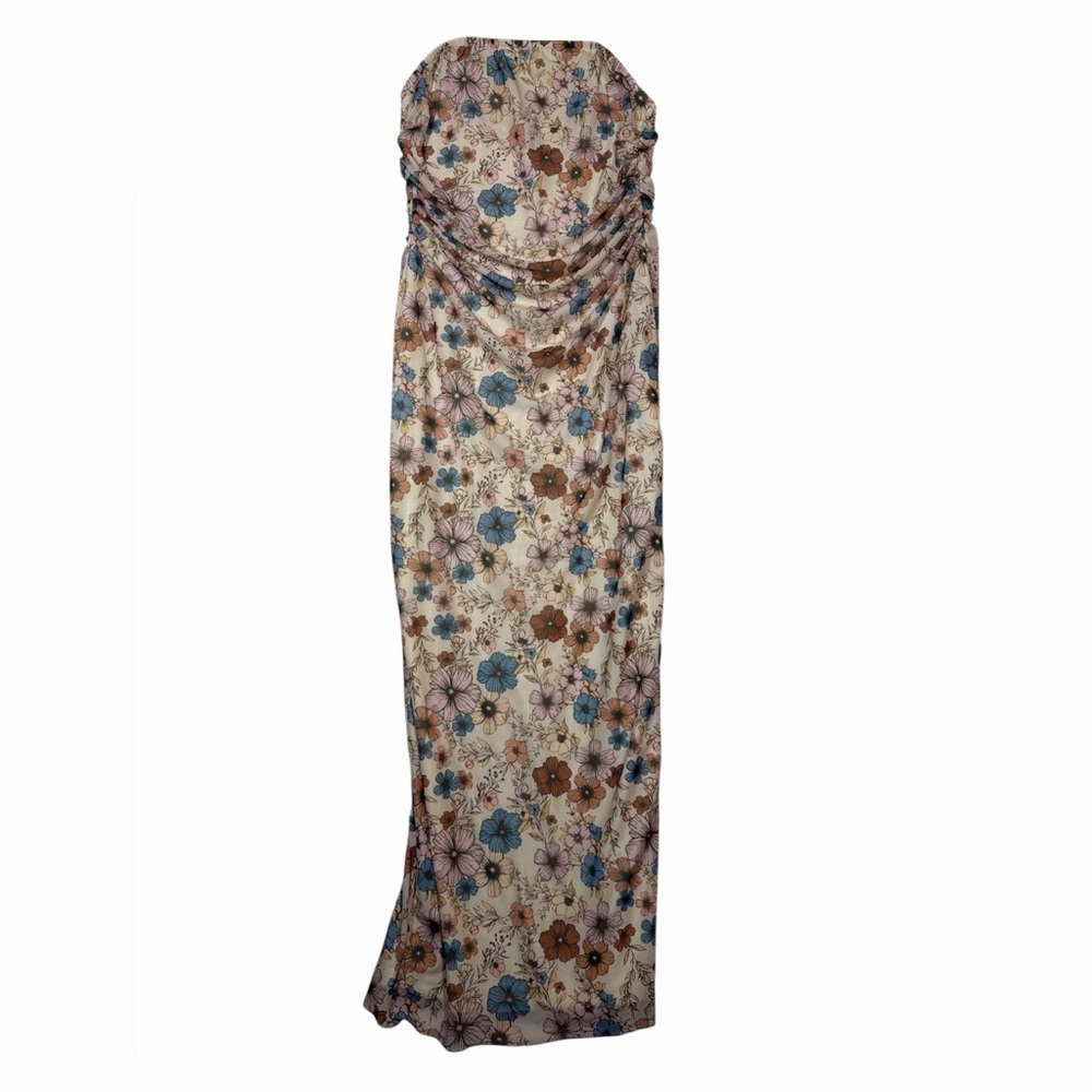 Women’s Floral‎ Strapless Dress in Cream and Brown Mesh Lined with Ruching